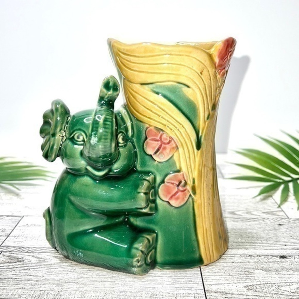 Vintage Majolica Elephant Vase Lucky Trunk Up